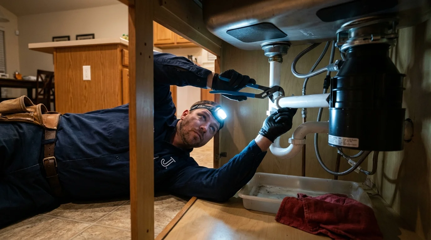 P-trap and supply line connections under a kitchen sink showing a common leak point in Winnie, TX